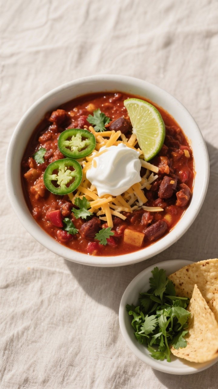 Tasty top view: Overhead shot of a hearty bowl of finished chili, thick and chunky, garnished with a