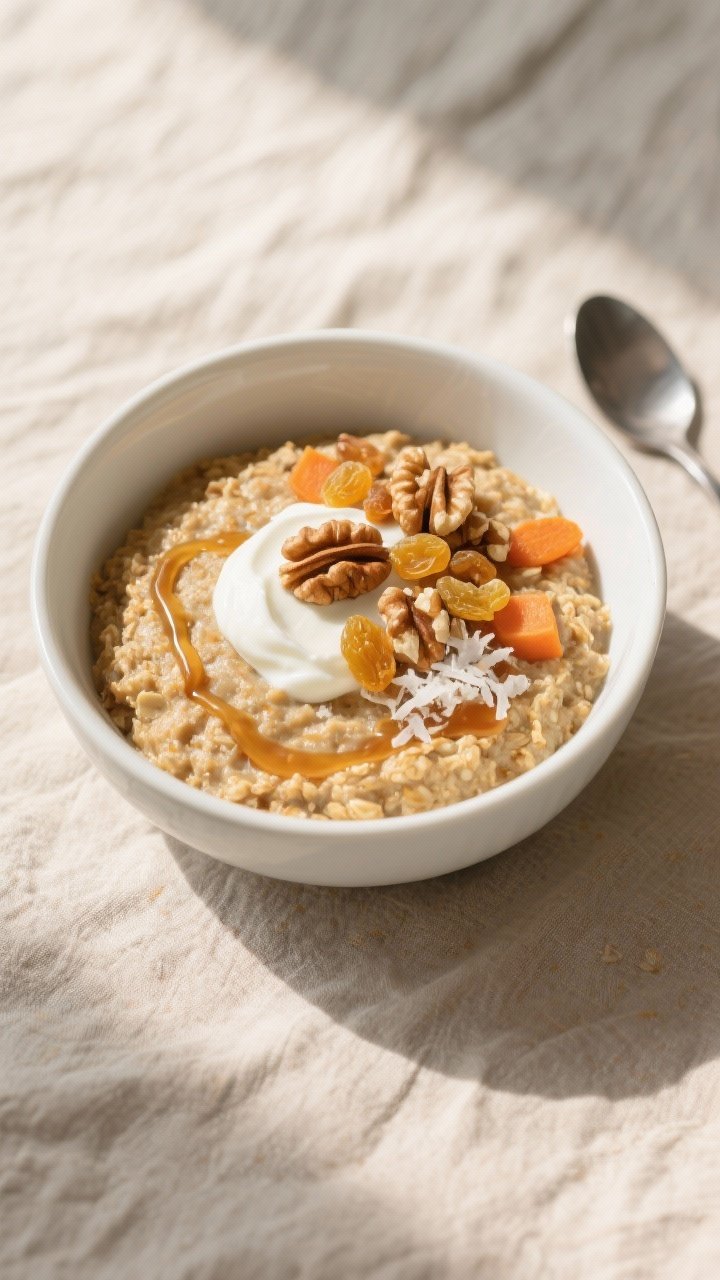Tasty top view: Overhead shot of a high-protein carrot cake oat bowl served in a white ceramic bowl,