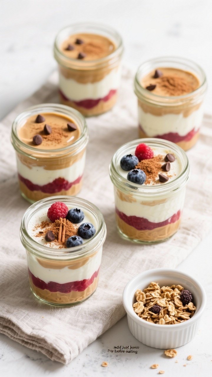 Tasty top view: Overhead shot of assembled High-Protein Yogurt & Peanut Butter Snack Jars, layered w