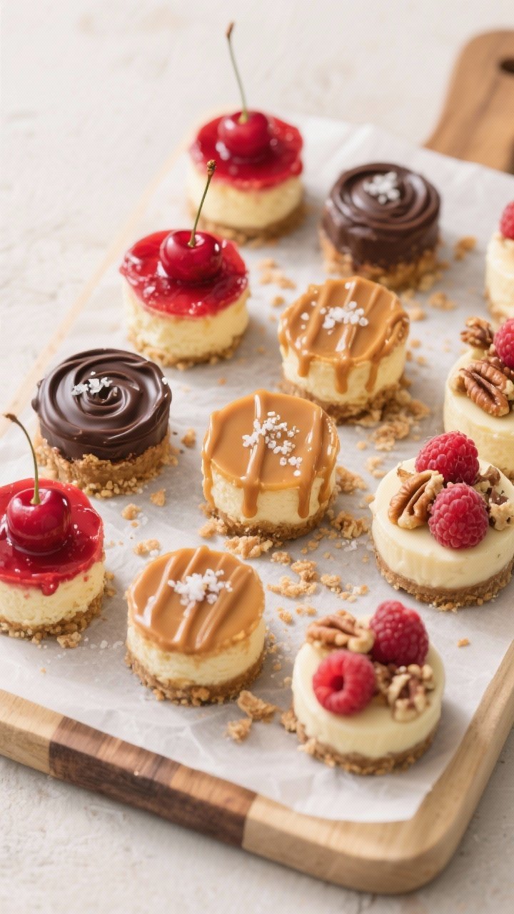 Tasty top view: Overhead shot of assorted cheesecake bites on a parchment-lined board, each topped d