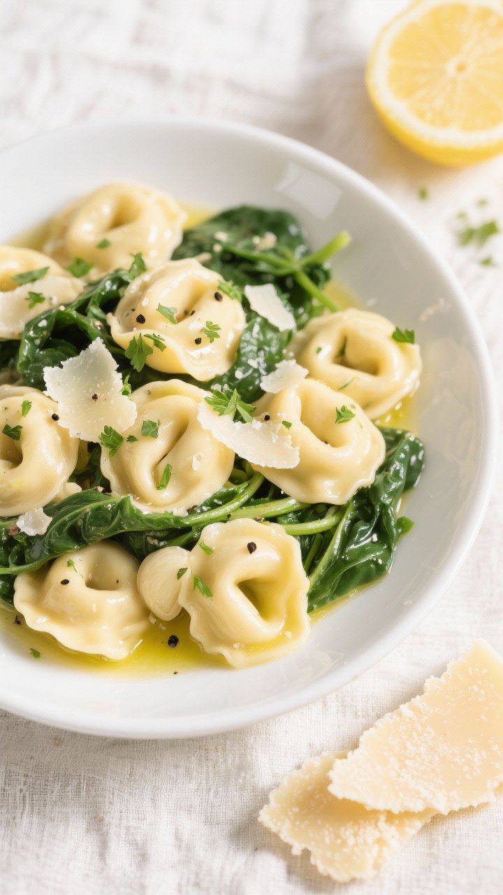 Tasty top view: Overhead shot of cheese tortellini tossed with wilted baby spinach in a silky, starc