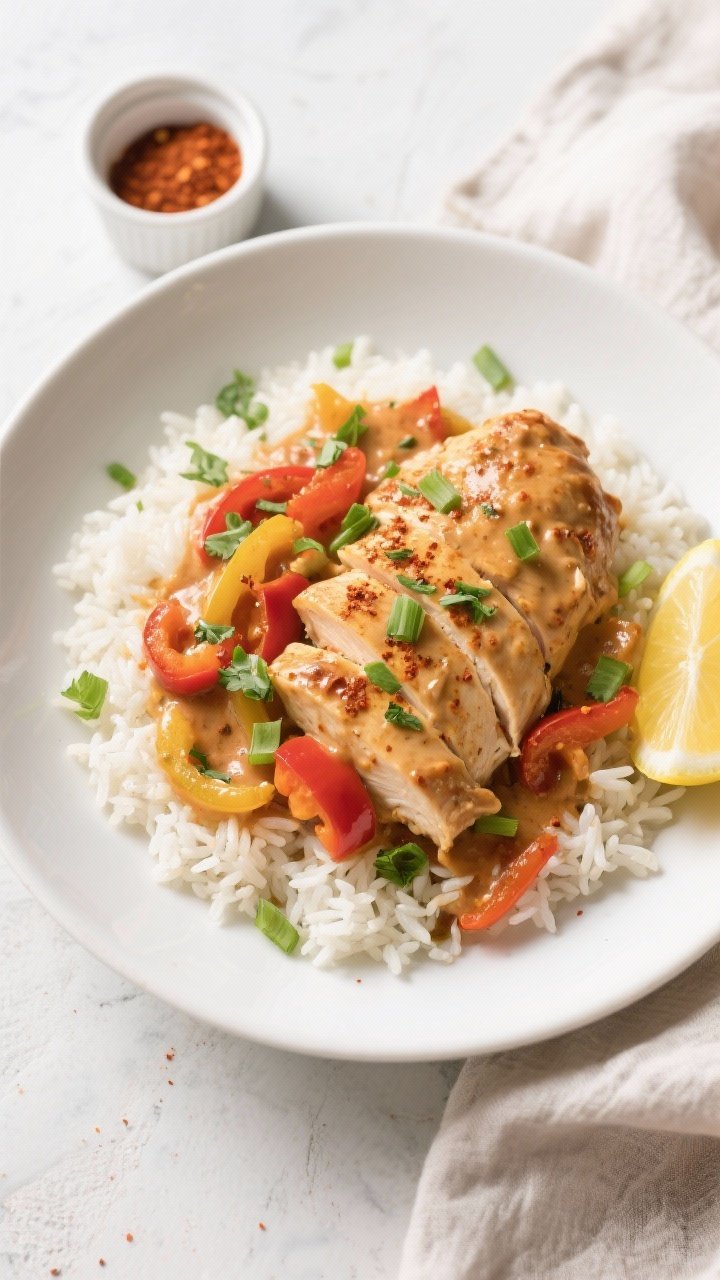 Tasty top view: Overhead shot of creamy Cajun chicken served over fluffy jasmine rice in a wide, sha