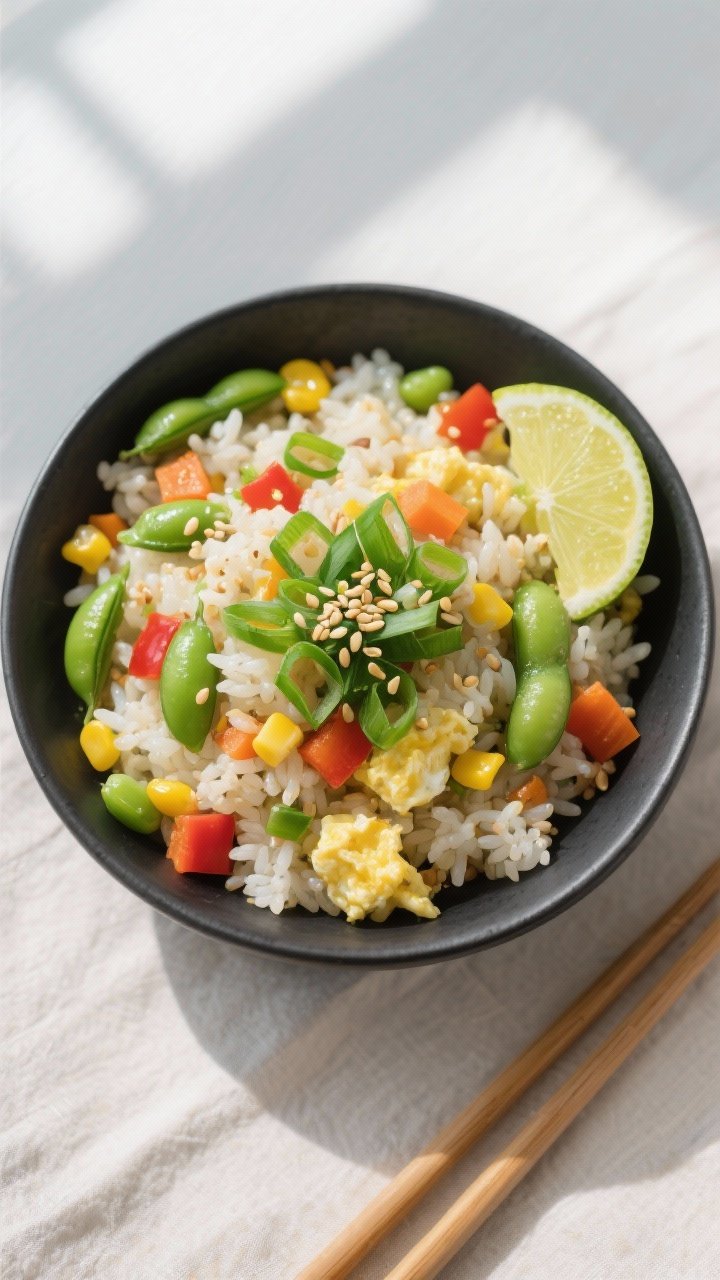 Tasty top view: Overhead shot of finished High-Protein Veggie Fried Rice in a wide, matte-black bowl
