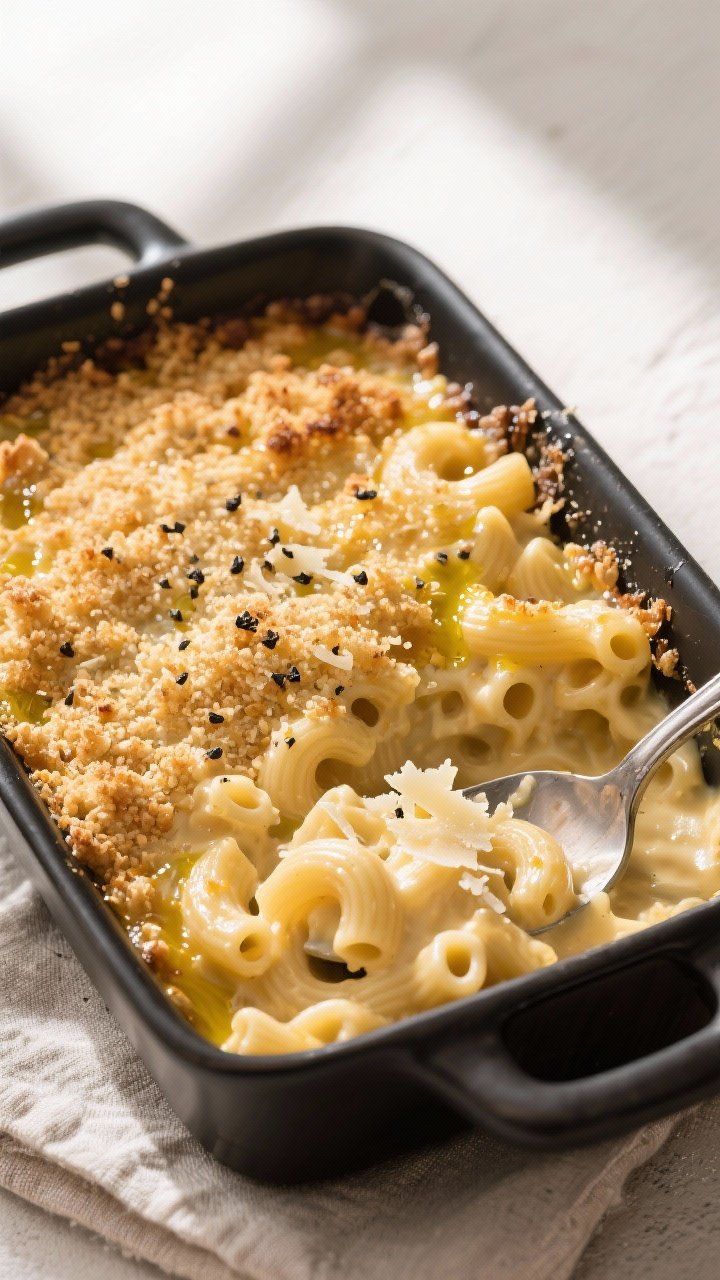 Tasty top view: Overhead shot of high-protein mac and cheese in a matte black oven-safe dish just ou