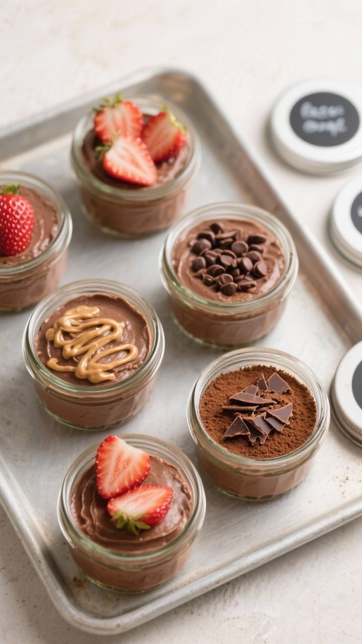Tasty top view: Overhead shot of make-ahead mousse portions in small lidded jars arranged on a tray,