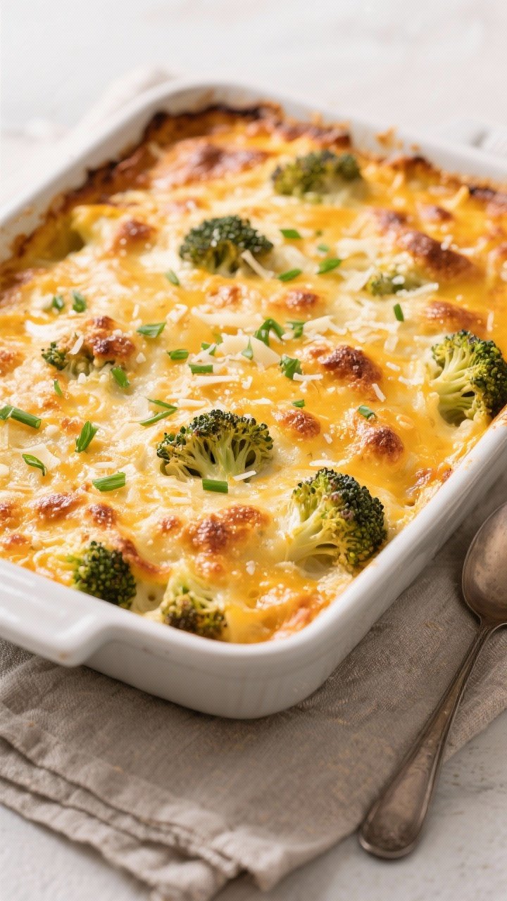 Tasty top view: Overhead shot of the assembled casserole just out of the oven in a 9x13 dish, golden