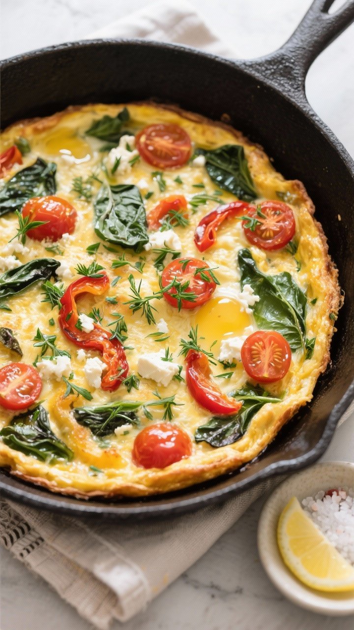 Tasty top view: Overhead shot of the baked Mediterranean veggie frittata straight from the oven, per