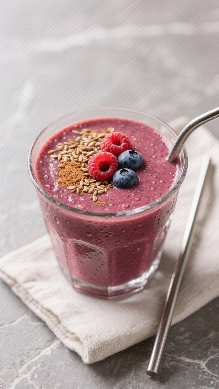Tasty top view: Overhead shot of the finished Berry Flaxseed Gut-Health Smoothie served in a wide-mo