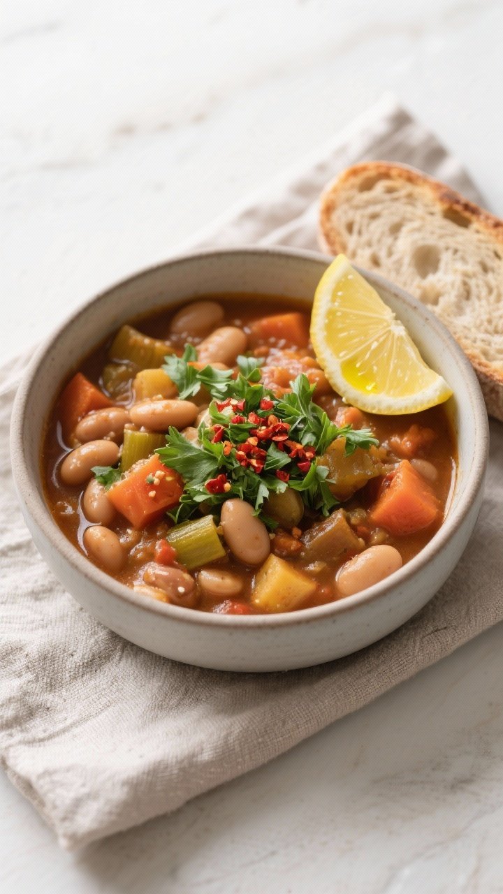 Tasty top view: Overhead shot of the finished High-Fiber Crockpot Bean-Loaded Vegetable Stew served
