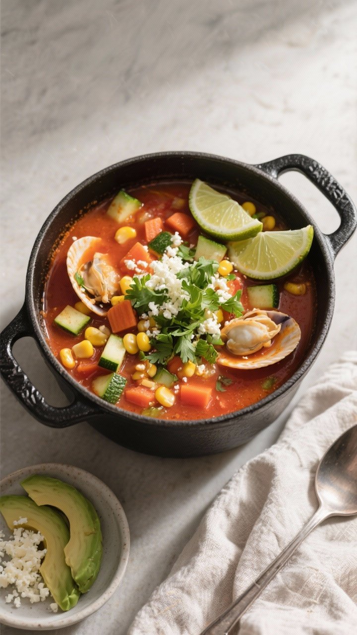 Tasty top view: Overhead shot of the finished one-pot Mexican shell soup in a matte black Dutch oven