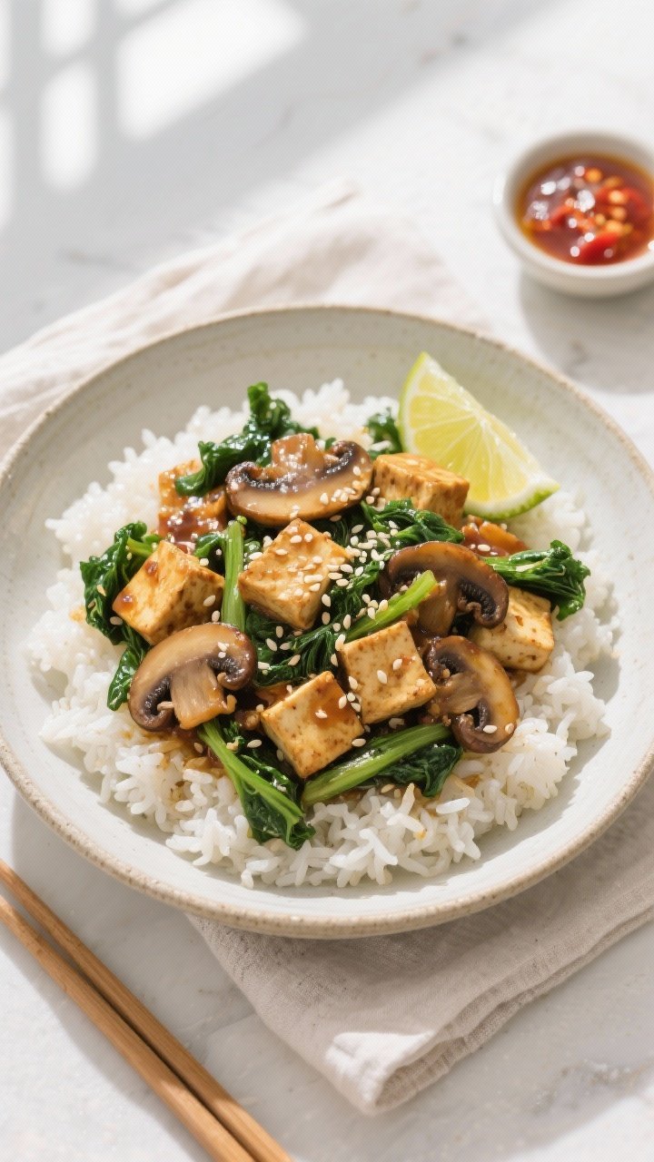 Tasty top view: Overhead shot of the finished Tofu, Kale & Mushroom High-Protein Stir Fry served ove