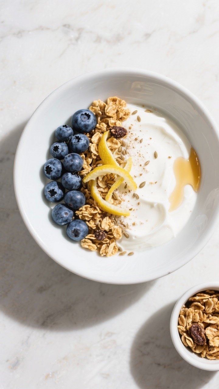 Tasty top view: Overhead shot of the fully assembled Skyr Yogurt Bowl—smooth skyr base flavored wi