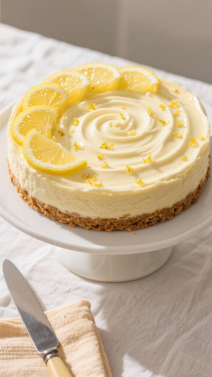 Tasty top view: Overhead shot of the fully chilled lemon cheesecake topped with a glossy lemon-sour-