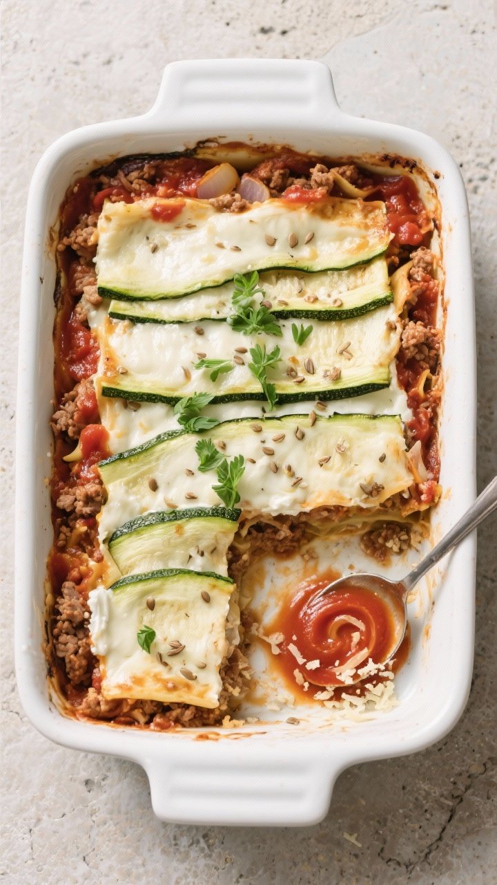 Tasty top view, overhead shot: Overhead shot of a neatly sliced portion of zucchini lasagna-style ba