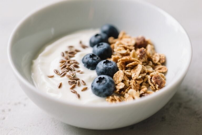 Skyr Yogurt Bowl With Flaxseed, Blueberries & Granola – A Fresh, Filling Breakfast
