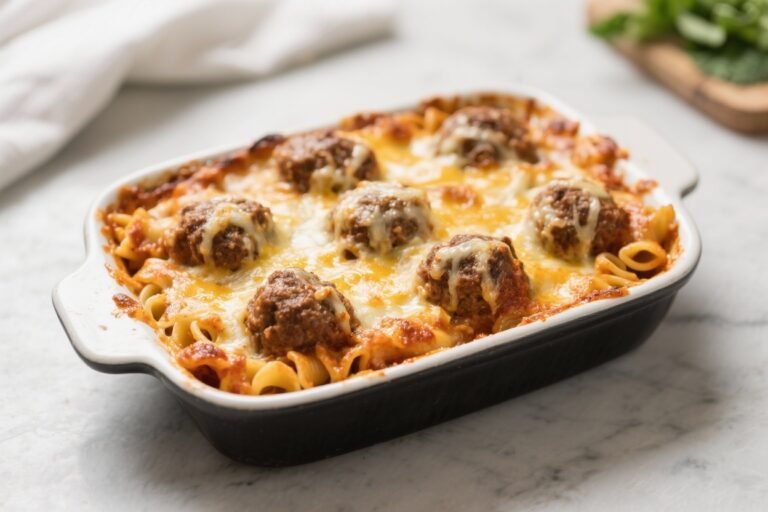 Cheesy Meatball Pasta Bake – Comforting, Bubbly, and Crowd-Pleasing