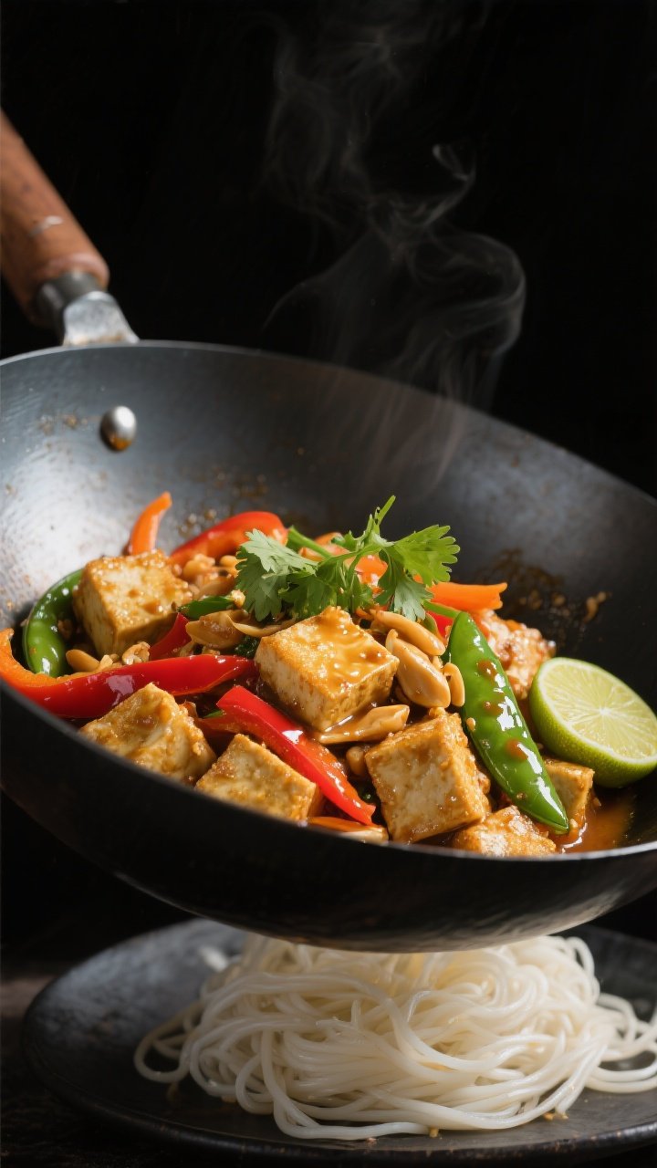 45-degree action shot in a wok: Thai-inspired peanut tofu with golden, cornstarch-crisped tofu cubes tossed with sliced red bell pepper, snap peas, and carrot ribbons; glossy peanut sauce clinging to the tofu, scattered cilantro and lime wedge to the side; tangle of rice noodles peeking from underneath; high-contrast, punchy color styling, dark wok on a charcoal backdrop.