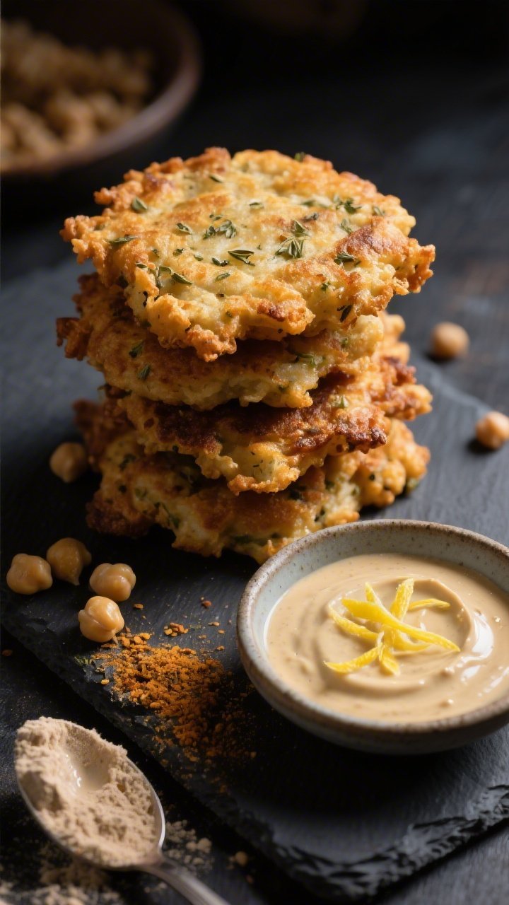 45-degree angle close-up of crispy sourdough discard chickpea fritters stacked irregularly on a dark slate, deeply golden and craggily with visible cumin and coriander flecks, served with a silky lemon-tahini sauce in a small bowl, lemon zest sprinkled, and a light dusting of ground cumin; include a small scattering of chickpea flour, a spoonful of bubbly sourdough discard, and a pinch of baking powder in frame to hint at the batter; moody side lighting to emphasize crunch and texture.