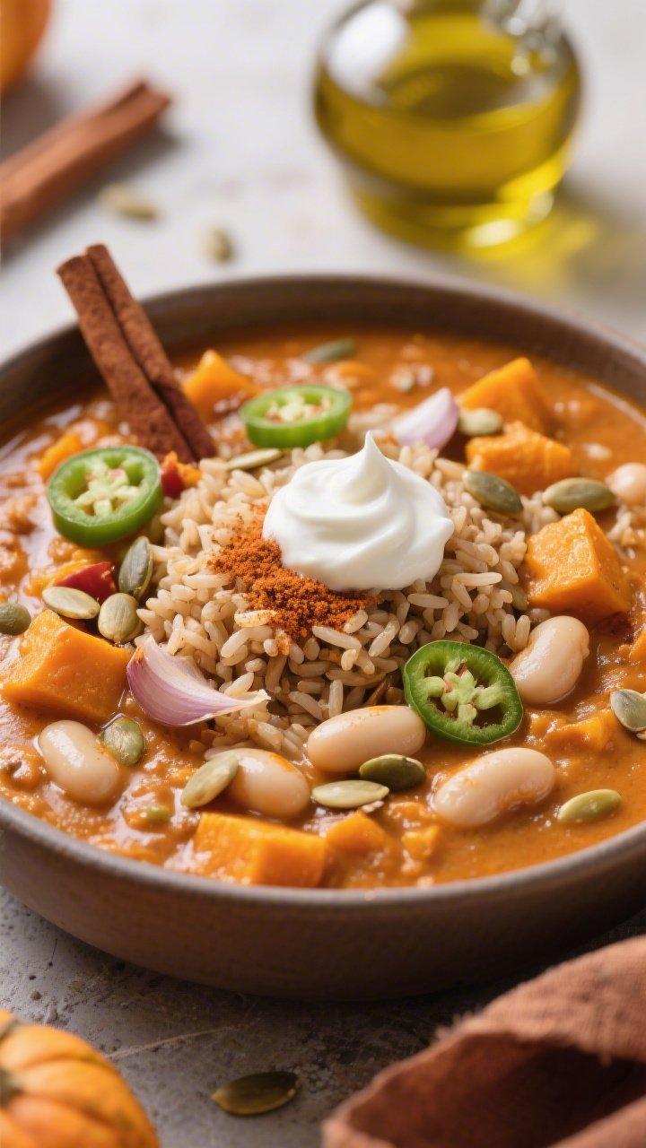 45-degree angle hearty pumpkin and white bean chili with brown rice in a deep bowl: creamy pumpkin base tinted with chili powder, cumin, smoked paprika, and a hint of cinnamon; tender white beans and a scoop of fluffy brown rice nestled into the center; visible onion, garlic, optional jalapeño flecks; topped with toasted pumpkin seeds and a swirl of yogurt; autumnal styling with a cinnamon stick and olive oil cruet in the background.