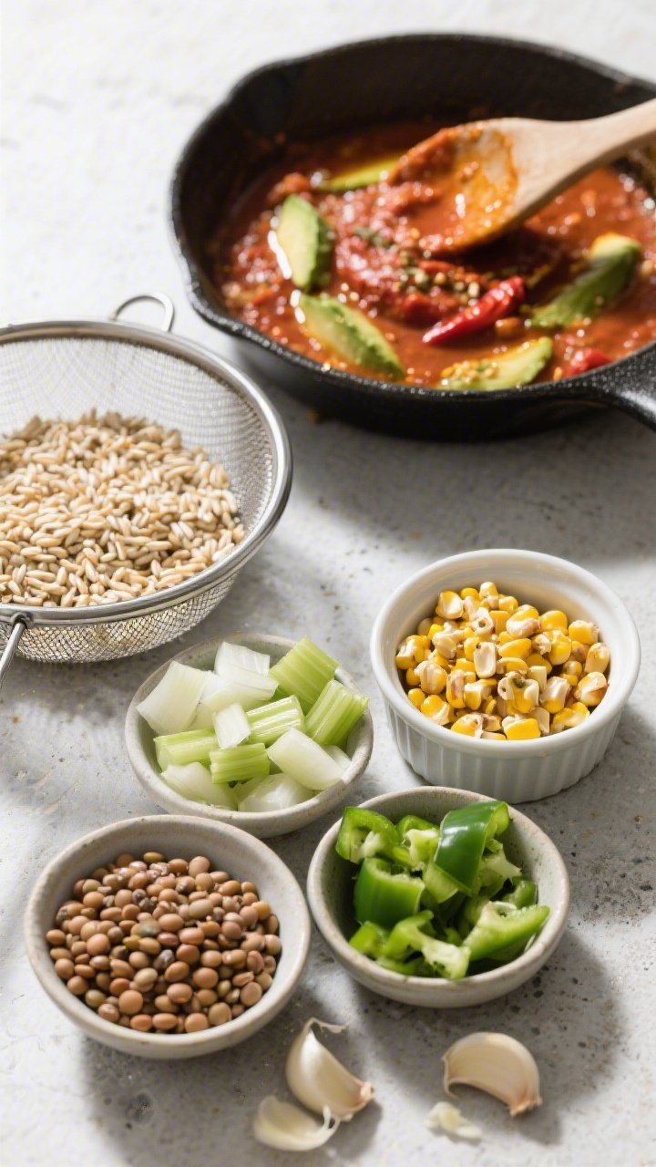 45-degree angle ingredient-prep scene for lentil and barley chili: brown lentils and pearled barley rinsed and drained in mesh strainers, diced onion, celery, green bell pepper, and minced garlic arranged in small bowls; a skillet with avocado oil shimmering and tomato paste and chili spices ready to add; crunchy corn toppers (toasted corn kernels) in a ramekin; bright, clean light on a light concrete surface, emphasizing the wholesome, high-fiber components.
