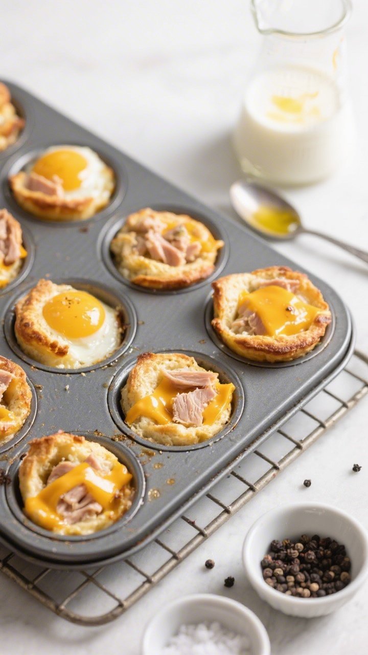 45-degree angle muffin-tin shot of sourdough discard egg bites with turkey and cheddar just out of the oven, puffed and glossy with melted cheddar pockets, flecks of chopped turkey visible; a cooling rack beneath, with a pourable beaker showing the custard mix remnants (eggs, cottage cheese or Greek yogurt, milk) and a spoon streaked with Dijon; salt and black pepper pinch bowls in frame; clean, high-key lighting for a meal-prep feel.