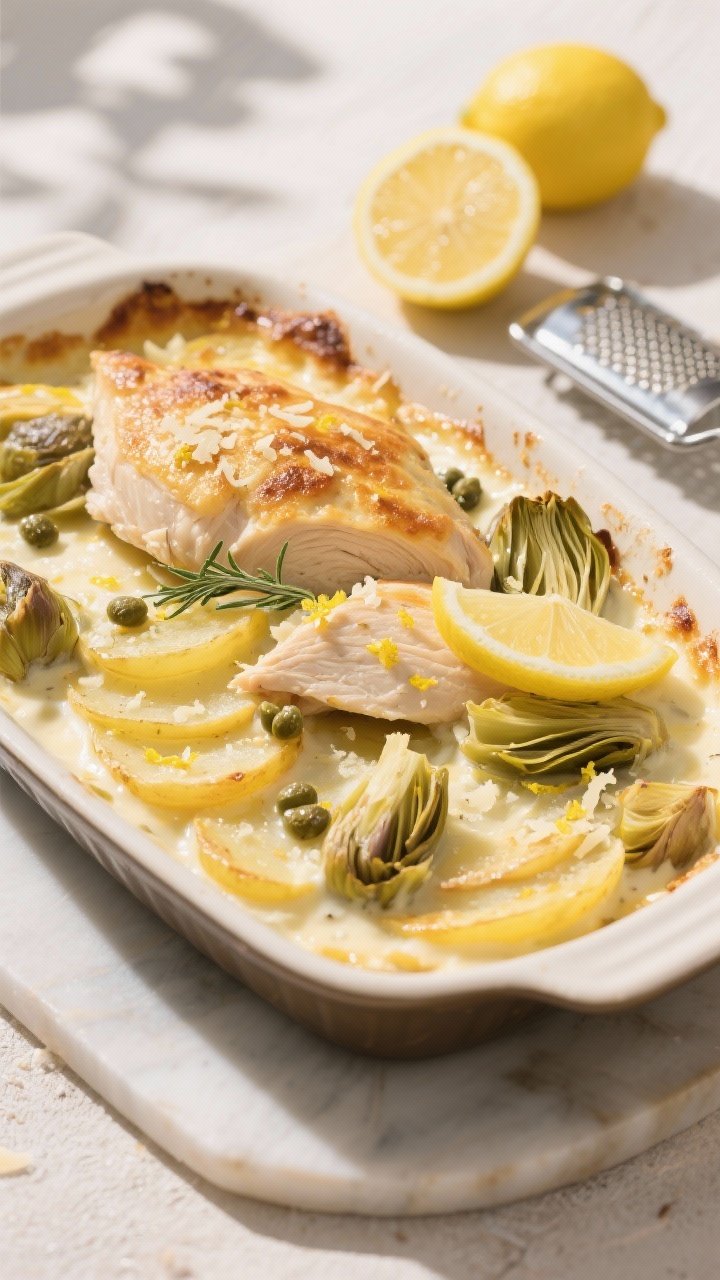 45-degree angle of a lemony chicken, artichoke, and potato gratin: thinly sliced golden potatoes layered with marinated artichoke hearts and poached chicken, infused with lemon zest and thyme; cream lightly bubbling, top crisped and speckled with Parmesan; lemon slices and capers tucked in; served in a shallow gratin pan with a zester and halved lemons nearby; airy, sunlit Mediterranean feel.
