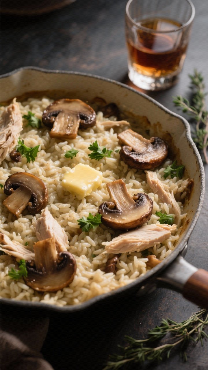 45-degree angle of chicken Marsala mushroom rice casserole: creamy risotto-style rice infused with Marsala wine, studded with browned mushrooms and shredded chicken, finished with parsley and a sheen of butter; a few sautéed mushroom slices arranged on top for texture; served in a wide shallow pan with a small glass of Marsala and thyme sprigs nearby; cozy, low-contrast lighting.