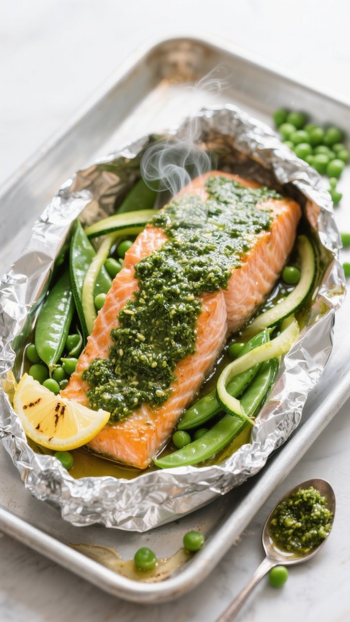 45-degree angle of Spring Pea and Pesto Salmon Packets just opened from foil: salmon fillets slathered in glossy basil pesto, surrounded by sugar snap peas and thin zucchini ribbons, steam wafting. Lemon slices tucked alongside, tiny char marks from roasting, juices pooling in the packet, set on a sheet pan with extra peas and a spoon of pesto nearby, clean minimal backdrop.