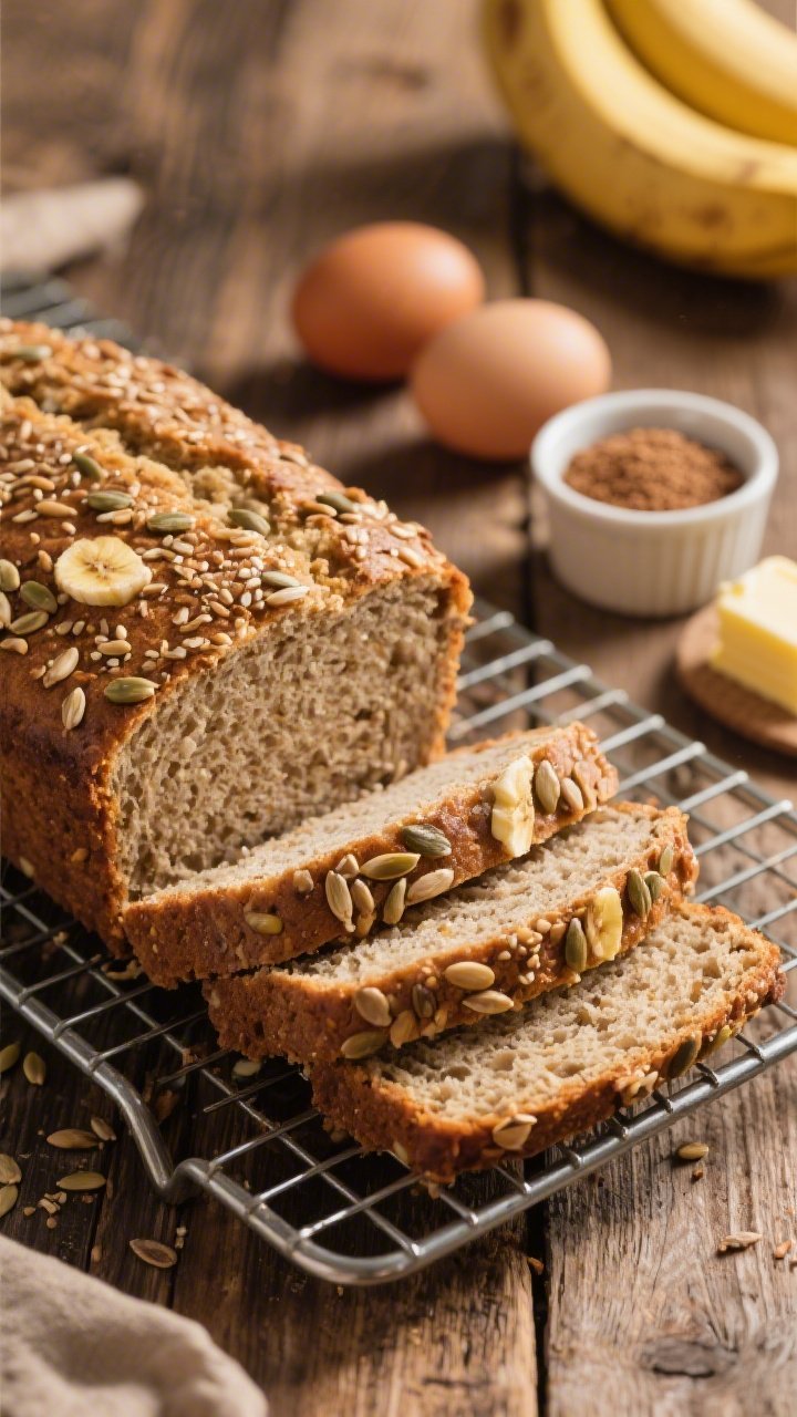45-degree angle shot of a big loaf of flax–banana snack bread on a wire rack, thick slices fanned out to show plush, moist crumb; crackly roasted sunflower seed topping glistening slightly; visible banana flecks, with a ramekin of brown and granulated sugars, a stick of melted butter, and two room-temp eggs in shell in the background; warm, cozy afternoon light, rustic wooden table.