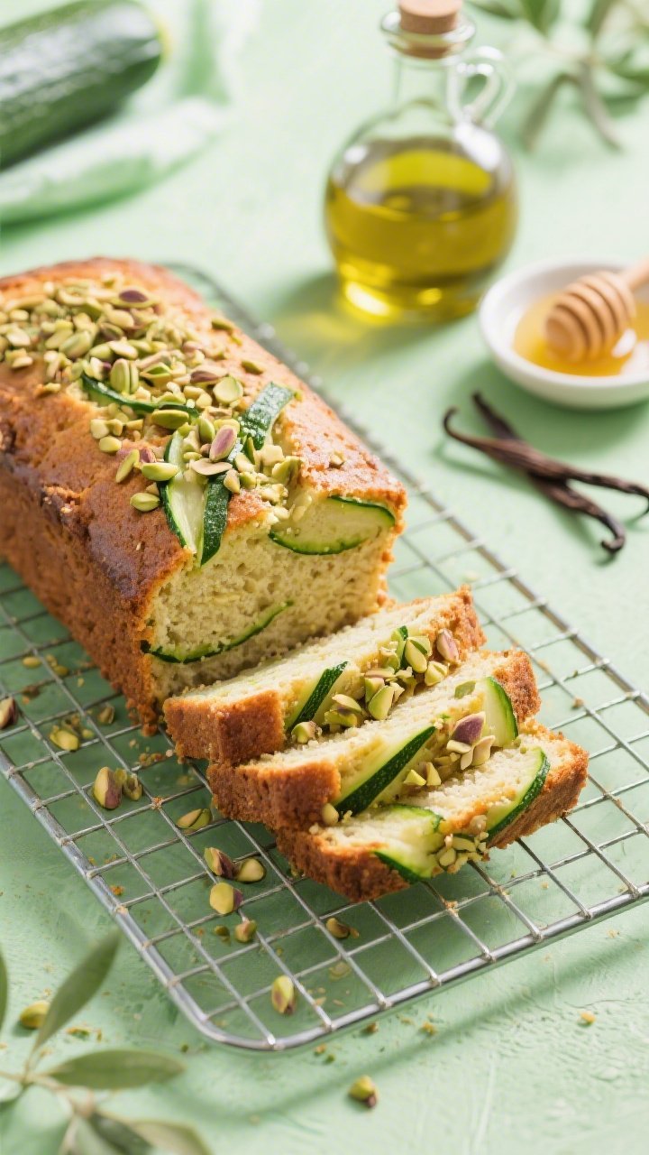 45-degree angle shot of a zucchini olive oil loaf cake on a cooling rack, slices fanned to reveal fine green zucchini threads and a moist, tender crumb; sprinkled pistachio crunch topping adding texture and color; bottle of extra-virgin olive oil, a small dish of honey, and vanilla pod in the background; bright, fresh styling with green accents.