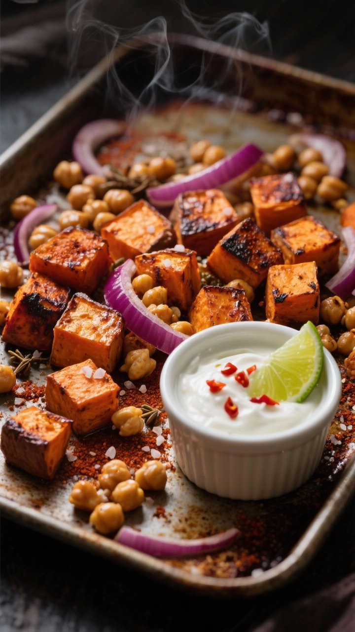 45-degree angle shot of roasted cubed sweet potatoes and extra-crispy chickpeas on a sheet pan with sliced red onion; deep smoky paprika and cumin dusting visible, charred edges, coarse salt grains; side dish of chili-lime yogurt in a ramekin with lime wedge and chili flakes; moody warm tones, rustic baking sheet patina, steam softly rising.