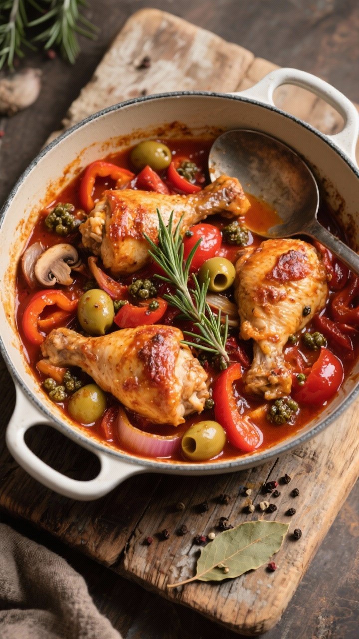 45-degree angle shot of rustic chicken cacciatore casserole in a heavy enameled pan: braised chicken thighs in a deep red sauce of tomatoes, bell peppers, onions, and mushrooms, with olives and capers peeking through; sprigs of rosemary and bay, cracked black pepper; sauce glistening around tender chicken; set on a worn wooden board with a ladle resting, cozy countryside mood.