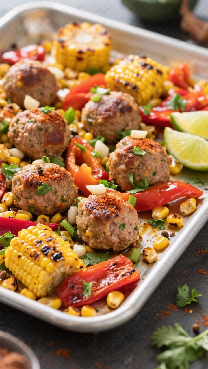 45-degree angle shot of Tex-Mex turkey meatballs on a sheet pan with roasted corn kernels and colorful peppers; meatballs flecked with garlic, scallion, chili powder, cumin, and smoked paprika; charred corn and blistered pepper strips, cilantro sprinkle; lime wedges set to the side, bold, vibrant colors, crisp textures.