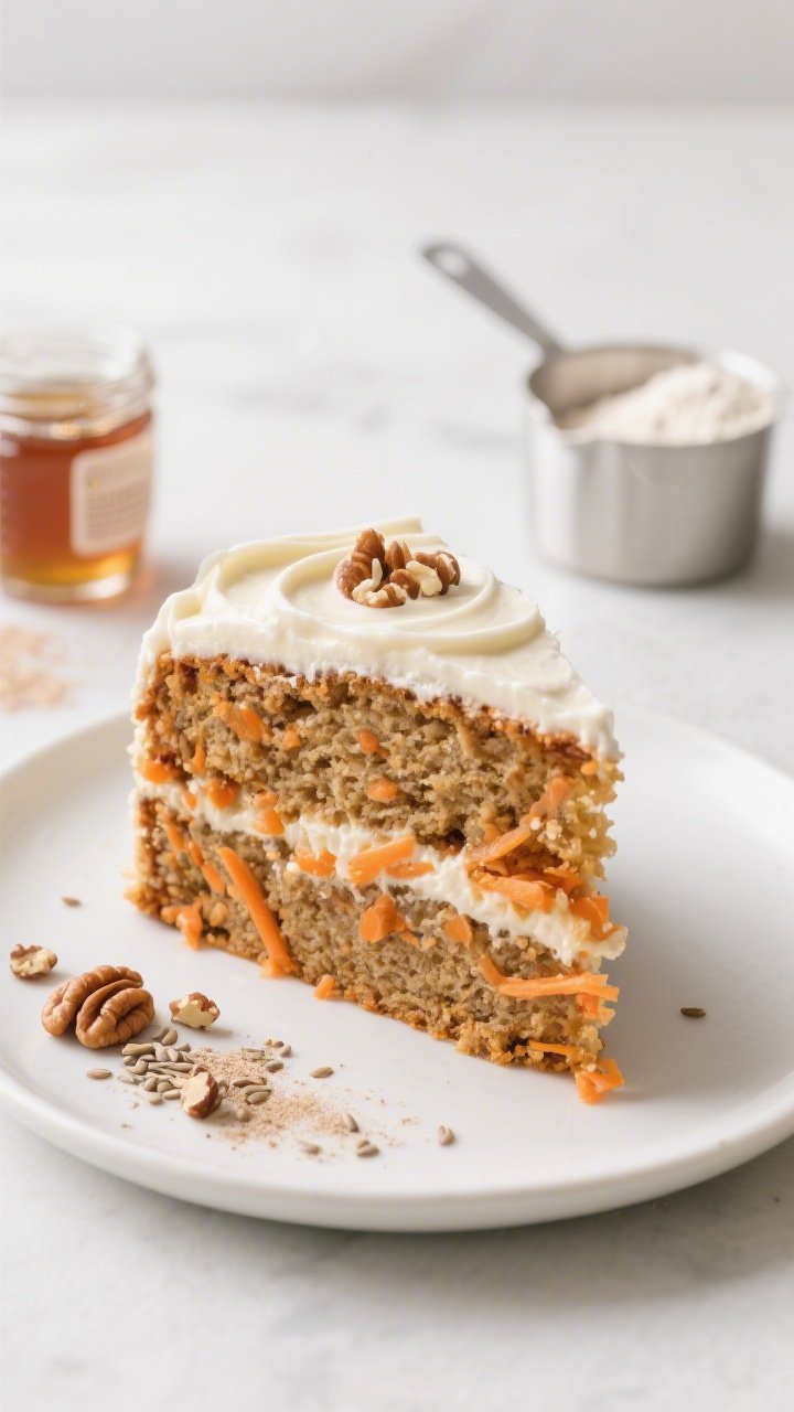 45-degree angle slice of whole-wheat carrot cake on a matte white plate, layers showing finely shredded carrot specks, warm cinnamon and nutmeg tones, topped with a swoopy maple yogurt frosting that has a satin sheen; scattered walnut crumbs and a sprinkle of ground flaxseed on the surface, a small jar of maple syrup and a measuring cup of white whole wheat flour in the background; clean, bright, natural light.