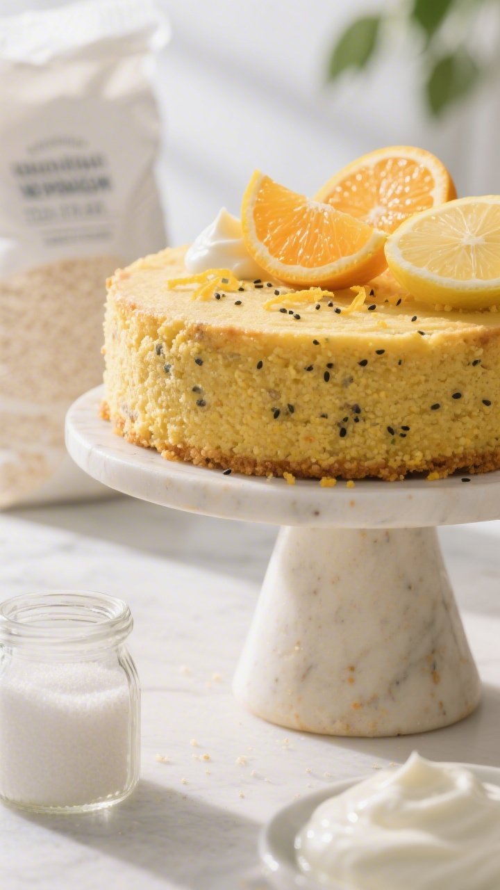 45-degree angle whole citrus polenta yogurt cake on a pedestal, golden crumb with fine cornmeal texture and speckled poppy seeds; zest of orange and lemon sprinkled on top, thin citrus slices and a dollop of yogurt alongside; sugar jar and white whole wheat flour bag in the soft-focus background; bright, sunlit ambiance with clean styling.