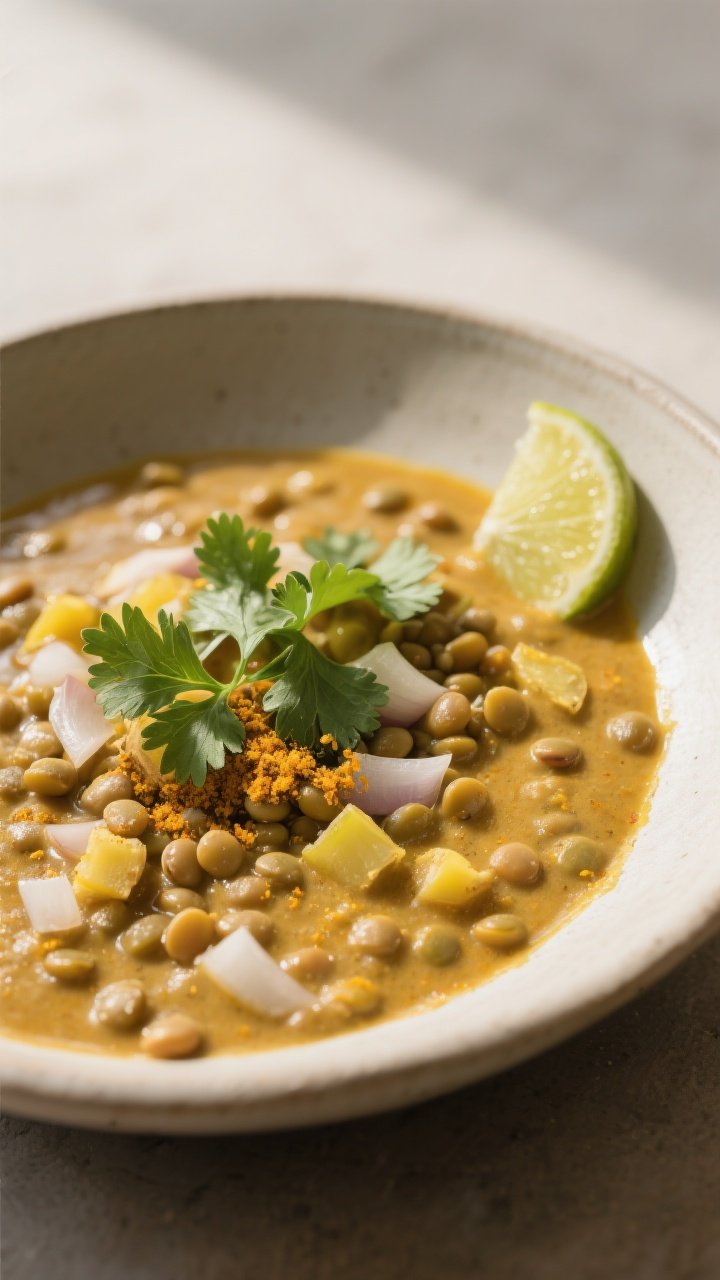 45-degree bowl presentation: creamy coconut lentil curry in a wide, shallow bowl, speckled with tender lentils and a silky sauce infused with turmeric and curry powder; visible bits of finely chopped yellow onion, minced garlic, and grated ginger; finished with fresh cilantro leaves and a squeeze of lime wedge on the rim; neutral ceramic, matte background, soft side light for a cozy, comforting vibe.