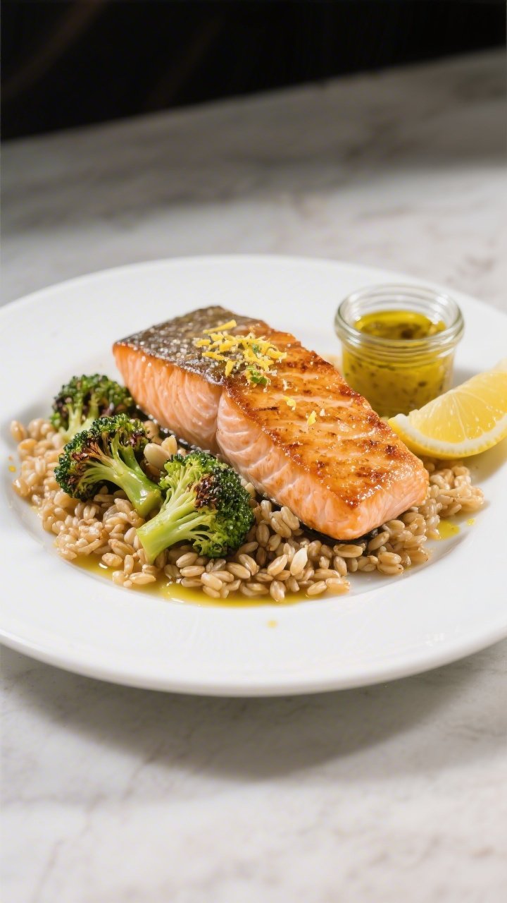 45-degree clean, bright presentation: seared salmon fillet flaky and glistening, set over warm farro, with roasted broccoli florets lightly charred; everything kissed with olive oil, garlic powder, salt, and pepper; finished with a zesty mustard vinaigrette drizzle and lemon zest; served on a white plate with a small glass jar of vinaigrette and lemon wedges to the side.