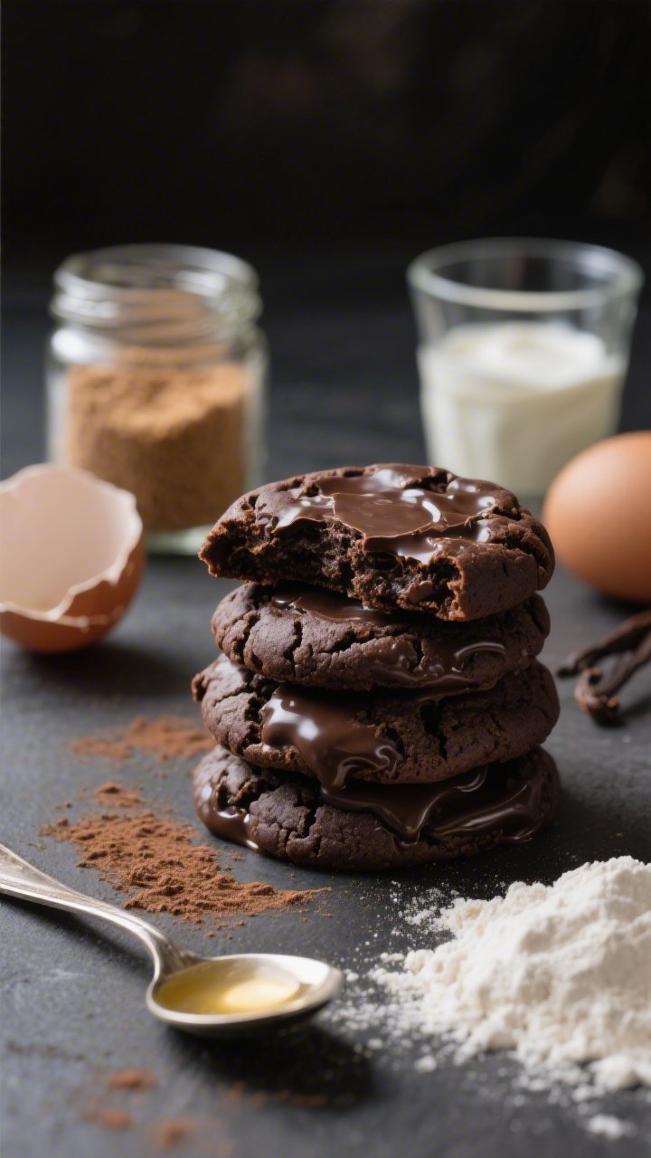 45-degree close-up of Double Chocolate Fudge cookies: dark, glossy, crinkled tops with melty chocolate throughout, dusted with a hint of cocoa; props include a spoon slick with neutral oil, a jar of coconut sugar, plain Greek yogurt (2%) in a glass cup, a cracked egg, and vanilla; a small pile of all-purpose flour nearby; moody backdrop to emphasize fudgy, light-yet-rich texture.