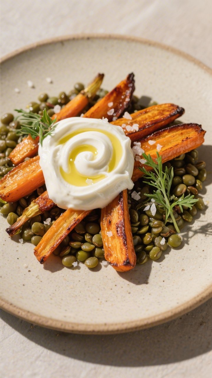 45-degree composed salad plate: Roasted carrot batons with caramelized edges over a bed of tender French green lentils. Cumin-coriander spiced yogurt dolloped and swirled on top, olive oil gloss and sea salt flakes sparkling. Sprigs of fresh herbs for contrast. Neutral stoneware plate, warm earthy palette, cozy yet elegant.