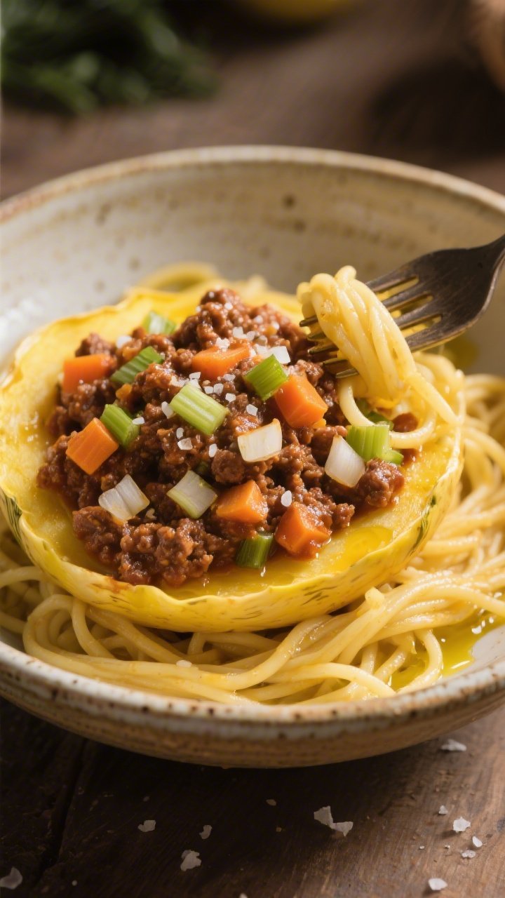45-degree cozy bowl of spaghetti squash Bolognese: golden spaghetti squash strands piled high and topped with rich meat sauce packed with finely diced onion, carrots, celery, and garlic; olive oil drizzle and kosher salt pinch visible; presented in a rustic ceramic bowl with a fork twirl begun; warm, homey lighting to emphasize comfort.
