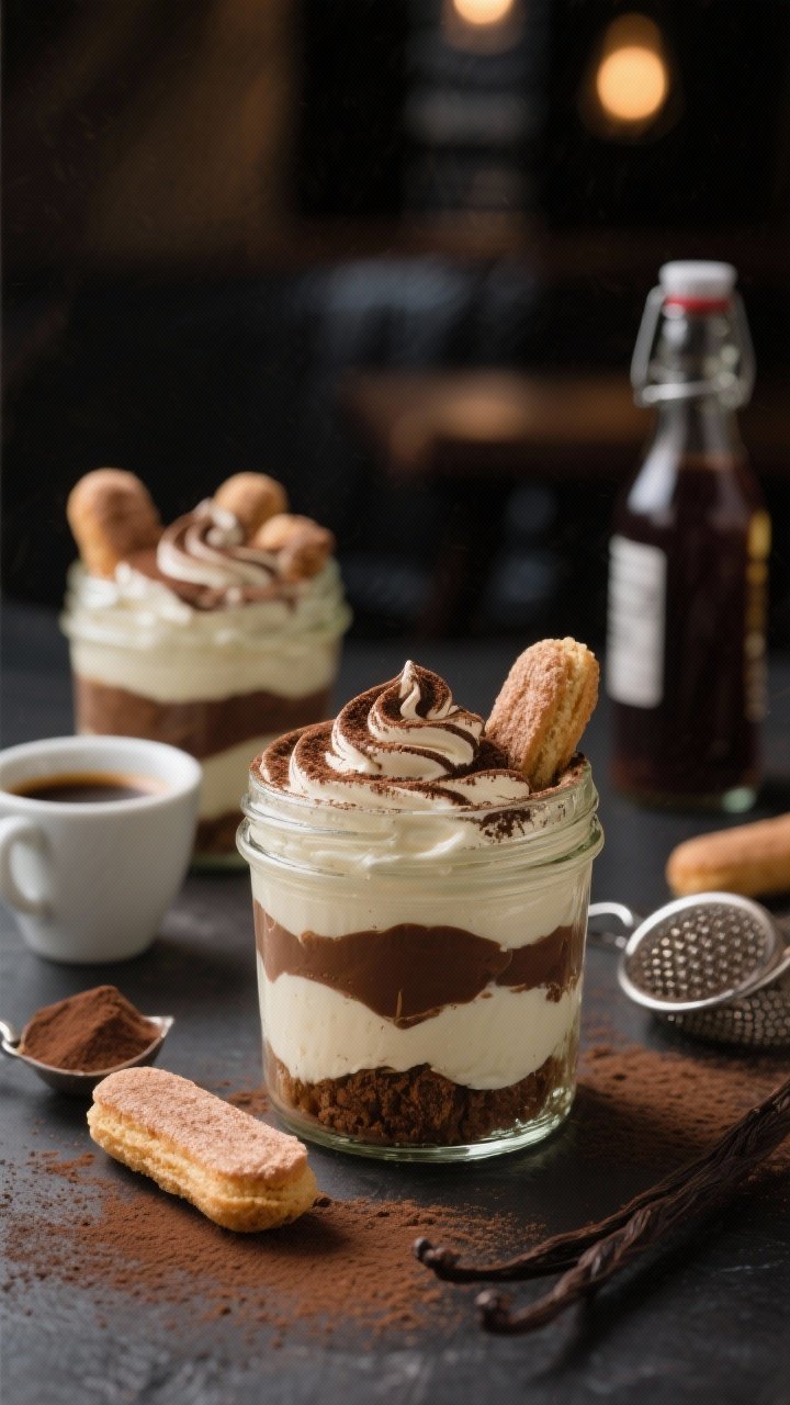 45-degree layered mocha protein tiramisu jars: espresso-soaked ladyfinger pieces (or sponge) alternated with a light mascarpone–Greek yogurt cream, faint coffee liqueur notes, finished with a generous cocoa dust; props include a small espresso cup, cocoa sifter, and vanilla extract bottle; moody café lighting, tight focus on creamy swirls and cocoa.