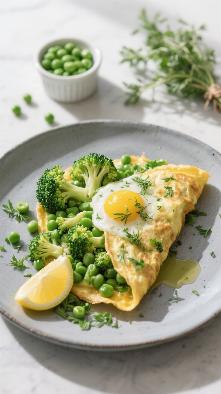 45-degree plated presentation of a Green Goddess Broccoli, Pea, and Herb Omelette: tender, fluffy eggs folded over finely chopped broccoli florets and sweet peas, speckled with parsley and dill, finished with a light olive oil gloss; served on a cool gray ceramic plate with a lemon wedge and extra chopped herbs around; background includes a small ramekin of thawed peas and a herb bundle, bright, clean daylight for a fresh, green mood.