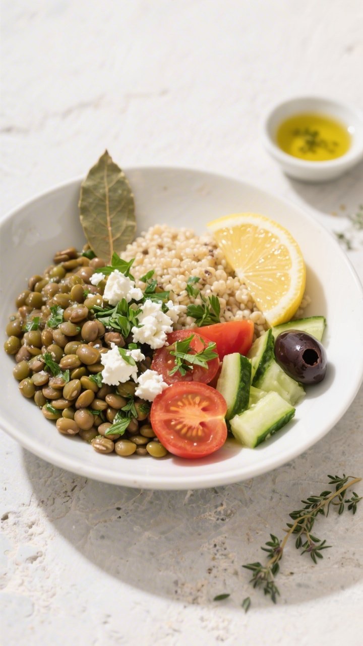 45-degree plated presentation of a Mediterranean lentil bowl: tender green/brown lentils simmered with a bay leaf, paired with lemon-herb quinoa, halved cherry tomatoes, diced English cucumber, and kalamata olives; garnished with crumbled feta and chopped parsley, a lemon wedge on the rim; served in a wide white bowl on a pale stone backdrop with a small dish of olive oil and scattered oregano.