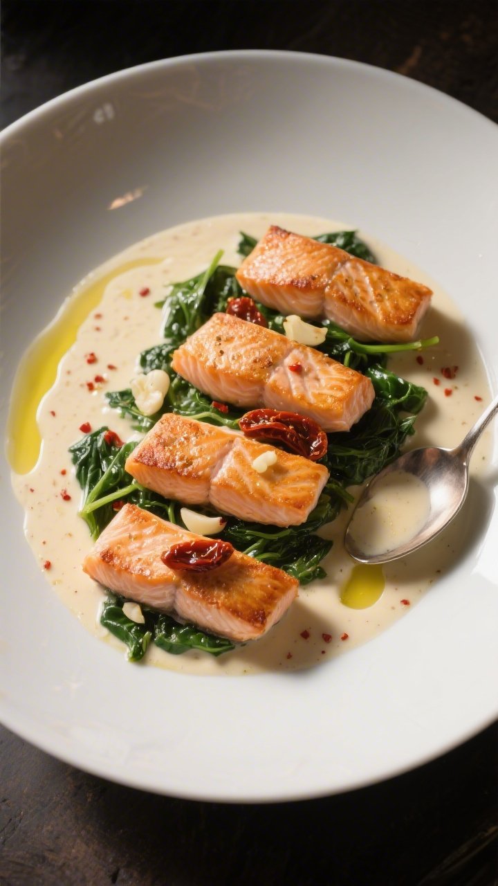 45-degree plated presentation of creamy Tuscan salmon: four crispy-skin salmon fillets nestled in a silky heavy-cream sauce with wilted spinach, sun-dried tomatoes, minced garlic, and a hint of red pepper flakes; sauce clinging to the fish, olive oil glistening, served in a shallow white bowl with a spoon trail through the sauce; moody, soft shadows for an Italian trattoria feel.