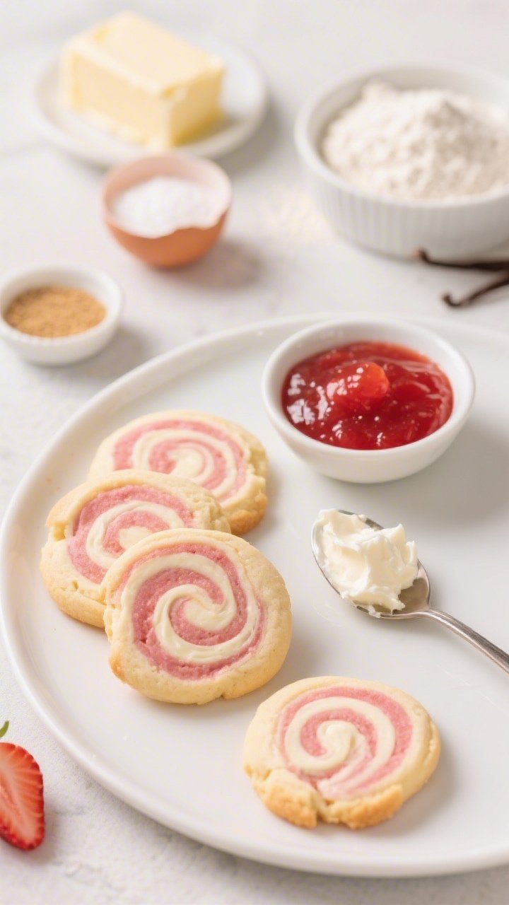 45-degree plated presentation of Strawberry Cheesecake Swirl Cookies: pale cookies marbled with rosy strawberry swirls and creamy cheesecake ribbons, edges just golden; ingredients in soft focus—Greek yogurt, softened butter, granulated sugar, an egg, vanilla extract, all-purpose flour, and a scoop of vanilla protein powder; a small bowl of strawberry puree and a spoon with cream cheese mixture to imply the swirl; bright, inviting styling.