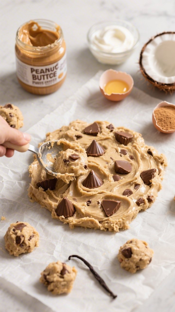 45-degree process shot for Peanut Butter Cup Power Bites (Cookie Edition): cookie dough studded with mini peanut butter cup pieces on a parchment-lined sheet, a scoop poised above; open jar of creamy natural peanut butter (well-stirred), Greek yogurt, melted coconut oil, coconut sugar, a cracked egg, and vanilla arranged casually; soft, appetizing light capturing glossy dough swirls.
