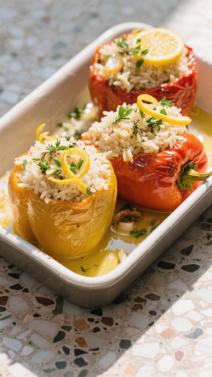 45-degree roasted tray to plate: Mediterranean stuffed bell peppers (tops off) packed with lemon-herb rice made with long-grain rice, vegetable broth, sautéed onion and garlic, and dried herbs; peppers sit upright in a baking dish with a light olive oil sheen; lemon zest curls and chopped herbs scattered on top; sunlit, Mediterranean freshness, terrazzo background.