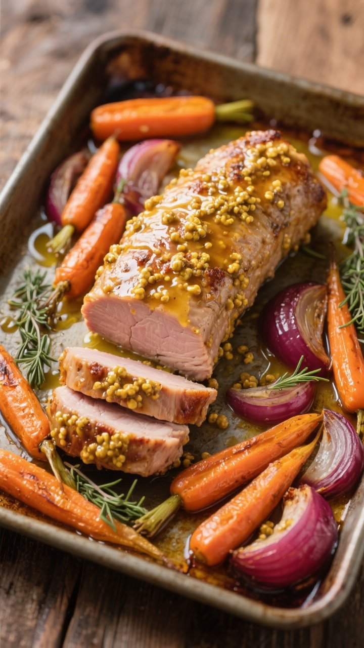 45-degree roasting pan capture of One-Pan Mustard Pork Tenderloin with Roasted Baby Carrots: golden-browned pork tenderloin glazed with a mix of Dijon and whole-grain mustard, sliced to reveal juicy interior. Roasted baby carrots and red onion wedges caramelized at the edges, thyme sprigs scattered, olive oil sheen. Pan juices pooling, rustic sheet pan on a wooden surface.