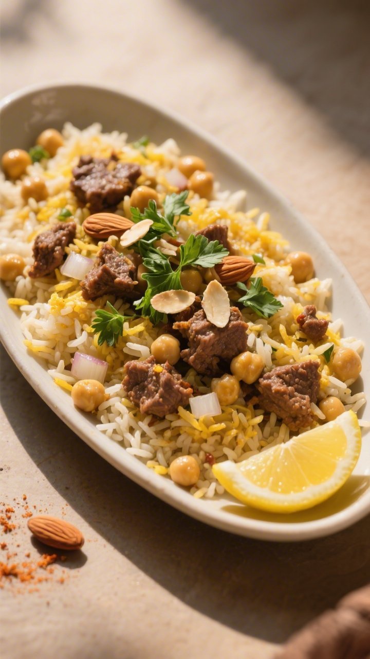 45-degree serving platter of spiced beef, chickpea, and rice pilaf: fluffy long-grain rice studded with ground beef, tender chickpeas, diced onions, and aromatic spices (cumin, coriander, turmeric, paprika), tinted golden; garnished with fresh parsley and toasted almond slivers; served in a shallow oval dish with lemon wedges, warm Middle Eastern color palette and soft directional light.