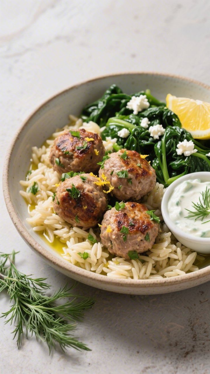 45-degree shot of a Greek turkey meatball bowl: seared, oven-finished turkey meatballs flecked with parsley, dill, oregano, and lemon zest, served over orzo tossed in olive oil; garlicky sautéed greens (spinach/chard) on the side, finished with a squeeze of lemon and crumbled feta; presented in a shallow ceramic bowl with a small ramekin of tzatziki and fresh dill sprigs nearby.
